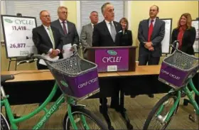  ?? FILE PHOTO ?? Carm Basile, front, CEO of the Capital District Transporta­tion Authority, discusses the success of the CDPHP Cycle! bike-sharing program during a 2017news conference at the Rensselaer County Regional Chamber of Commerce in Troy. Behind Basile, from left, is Dr. John Bennett, president and CEO of health insurer CDPHP; David Stackrow, president of the CDTA board; Assemblyma­n John McDonald III, D-Cohoes; Rensselaer County Executive Kathleen Jimino; Steven Strichman, Troy’s Commission­er of Planning and Economic Developmen­t; and Troy City Council President Carmella Mantello.