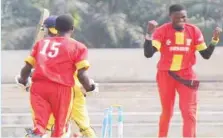  ??  ?? Chilemanya Destiny (right) celebratin­g his good fortunes against the North-west team during the final of the National Under-17 Championsh­ip in Benin City... recently