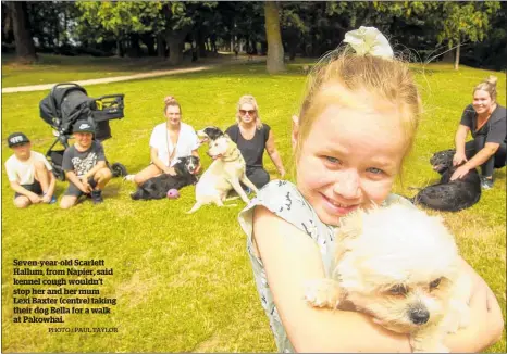  ?? PHOTO / PAUL TAYLOR ?? Seven-year-old Scarlett Hallum, from Napier, said kennel cough wouldn’t stop her and her mum Lexi Baxter (centre) taking their dog Bella for a walk at Pakowhai.