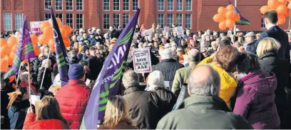  ??  ?? Protest outside the Senedd in February against the downgradin­g of Royal Glamorgan A&E
