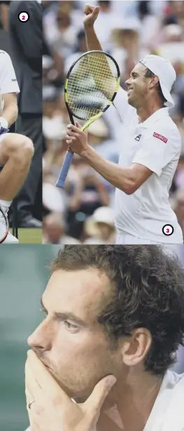  ??  ?? 0 1, Murray embraces Stan Wawrinka after losing in the French Open semi-finals to the Swiss; 2, The Scot cuts a disconsola­te figure as he crashes out of Wimbledon to Sam American Querrey, 3; 4, Murray faces the media after his shock defeat; 5, another...