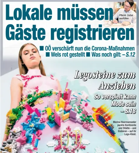  ??  ?? Marina Hoermansed­er packte Kontinente und Städte – und Eisbären – auf ihr Lego-Kleid.