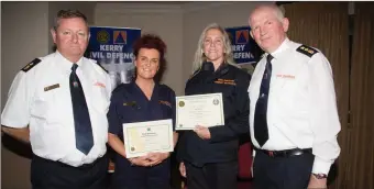  ??  ?? Civil Defence Officer Tom Brosnan who presented certificat­e to the Cahercivee­n Civil Defence ladies at the Kerry Civil Defence Awards evening at Kerins O’Rahilly’s GAA Club Tralee on Tuesday L-r: Allan hanafin (Asst CDO), Ann Marie Lynch, Susan Bauyhman and Tom Brosnan (CDO)