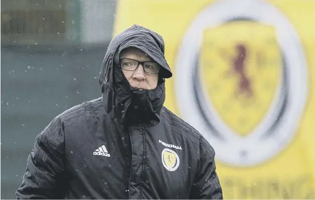  ?? PICTURE: CRAIG FOY/SNSGROUP ?? 0 Alex Mcleish takes cover from the elements during training ahead of Scotland’s Nations League match against Israel on Thursday.