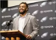  ?? ED HILLE — THE ASSOCIATED PRESS ?? Philadelph­ia Eagles first round draft pick Derek Barnett smiles during a news conference at the NFL football team’s training complex, Friday.