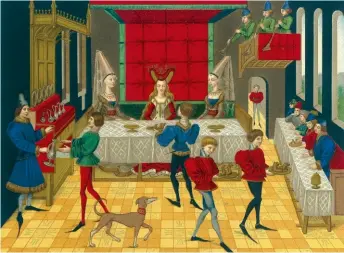  ??  ?? Repas d’une grande dame au xve siècle. D’après une enluminure de Romance de Renaud de Montauban.