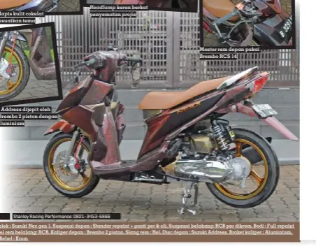  ?? ?? Cakram Address dijepit oleh kaliper Brembo 2 piston dengan braket aluminium
Headlamp keren berkat penyematan projie
Master rem depan pakai Brembo RCS 14