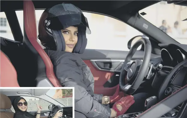  ??  ?? 0 Racing driver Aseel Al Hamad drives for the first time in her home country; Fadya Fahad, gives the thumbs-up, right; women celebrate driving on a main street