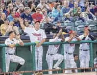  ?? James Franco / Special to the Times Union ?? Tri-city Valleycats outfielder Peston Pavlica cheers on his teammates during a 2019 game against the Vermont Lake Monsters at Joseph L. Bruno Stadium in Troy.