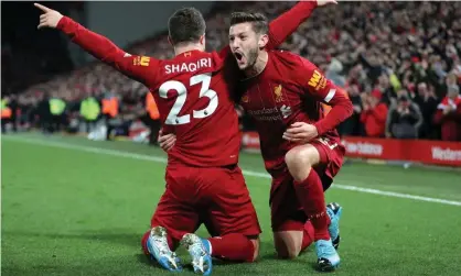  ??  ?? Xherdan Shaqiri, celebratin­g after scoring against Everton, and Adam Lallana came into the team and impressed. Photograph: Richard Sellers/PA