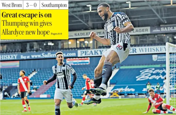  ??  ?? On the up: Matt Phillips celebrates scoring West Brom’s second goal in a convincing victory over Southampto­n, which boosted their chances of avoiding relegation