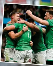  ?? ?? ICING ON THE CAKE: Garry Ringrose roars with joy ahead of scoring Ireland’s fourth try and (above) he is congratula­ted by his team-mates