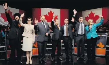  ?? RIC ERNST POSTMEDIA NEWS ?? Martin Singh, Niki Ashton, Thomas Mulcair, Brian Topp, Nathan Cullen, Paul Dewar and Peggy Nash are vying for the leadership of the NDP. The outcome of Saturday’s convention final is really anybody’s guess.