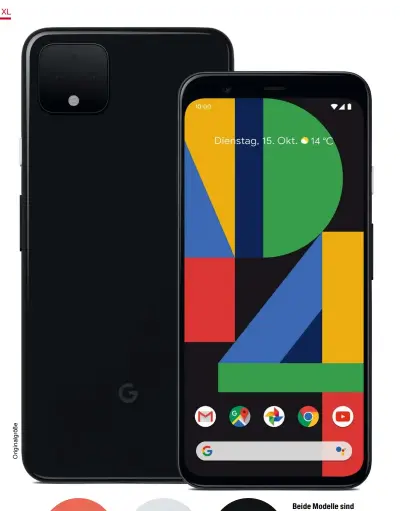  ??  ?? Beide Modelle sind in (mattem) Weiß und (glänzendem) Schwarz erhältlich. In Rot-Orange gibt es nur das kleine Pixel 4 in einer limitierte­n Edition.