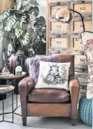  ??  ?? George Home’s new collection rabbit cushion, £6, available from selected stores; curved floor lamp, £30; knitted pouffe, £39, and purple Mongolian faux fur cushion, £9