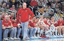  ?? AP ?? Head coach Greg Gard and the Badgers will look to find a replacemen­t on the roster for center Chris Vogt next season.