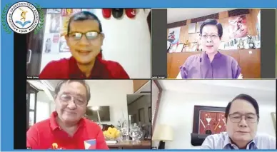  ?? PSA FORUM ?? ABAP president Ricky Vargas, bottom right, and secretary-general Ed Picson, bottom left, answer questions from hosts Randy Caluag and Judith Caringal during yesterday’s PSA Forum webcast. (PSA Images)