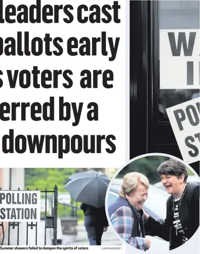  ?? LIAM McBURNEY
BRIAN LAWLESS ?? Summer showers failed to dampen the spirits of voters Above and below: Arlene Foster, leader of the DUP, casting her vote at Brookeboro­ugh Primary School, Co Fermanagh