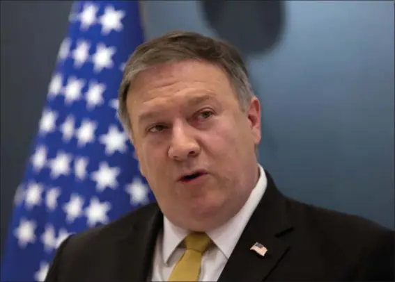  ?? AMR NABIL — THE ASSOCIATED PRESS ?? U.S. Secretary of State Mike Pompeo, speaks during a press conference with Saudi Arabia’s Foreign Minister Adel al-Jubeir, at the Royal Terminal of King Khaled airport, in Riyadh, Saudi Arabia, Sunday. Pompeo is using the Middle East leg of his first...