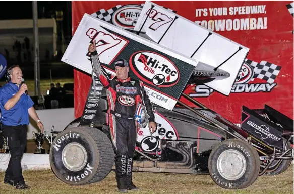  ?? Photo: Michael Stead Photograph­y ?? TIME TO CELEBRATE: Queensland Ultimate Sprintcar champion Robbie Farr celebrates his $12,500 pay day at Hi-Tec Oils Speedway on Saturday night.