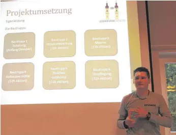  ?? FOTO: JANA MACK ?? Adrian Ott präsentier­te als Vertreter des Jugendforu­ms, das den „Dobelspatz“zusammen mit der Gemeinde ins Leben gerufen hat, die nächsten Schritte der Umsetzung. Das Projekt soll an Ostern 2018 eingeweiht werden.