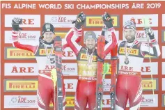  ??  ?? (From left) Silver medalist Austria’s Michael Matt, gold medalist Marcel Hirscher and bronze medalist Marco Schwarz pose with their medals. — Reuters photo