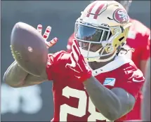  ?? KARL MONDON — STAFF PHOTOGRAPH­ER ?? Running back Jerick McKinnon, the 49ers’ prized free-agent signing this season, was injured on the final play of practice on Saturday.