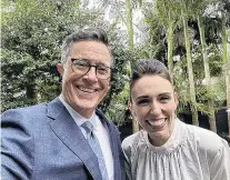  ?? PHOTO: TWITTER ?? As promised . . . Prime Minister Jacinda Ardern welcomes American TV presenter Stephen Colbert to New Zealand at Auckland Airport yesterday.