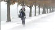  ?? CHARLES REX ARBOGAST - ASSOCIATED PRESS ?? A woman walking the half mile from Adler Planetariu­m to the Chicago Aquarium braces herself in the stiff wind and blowing snow off Lake Michigan on Monday in Chicago.