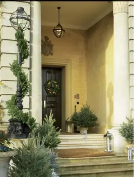  ??  ?? Near right Small Christmas trees in hessian pots, interspers­ed with silveredge­d storm lanterns, create a pathway to the entrance of Hedsor House. The lamp posts are wrapped in bluepine garlands, and a pair of ‘gin and tonic’ wreaths – made with...