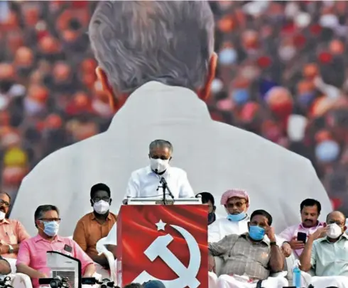  ??  ?? KERALA CHIEF MINISTER Pinarayi Vijayan at an election campaign at Ponnani in Malappuram district on March 19. He had his own economy-oriented welfare schemes that helped his government buck the anti-incumbency factor.