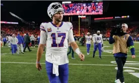  ?? Photograph: Carolyn Kaster/AP ?? Josh Allen reacts after hearing the Guardian has picked the Bills to win the Super Bowl.