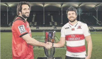  ?? Picture: Getty Images ?? ULTIMATE PRIZE. Crusaders captain Sam Whitelock (left) and Lions counterpar­t Warren Whiteley with the Super Rugby trophy at Rugby League Stadium yesterday ahead of today’s final.