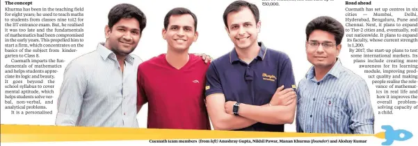  ??  ?? Cuemath team members (from left) Anushray Gupta, Nikhil Pawar, Manan Khurma (founder) and Akshay Kumar