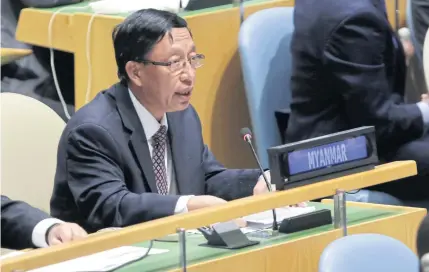  ??  ?? DOUBLE STANDARDS: Myanmar’s UN Ambassador, Hau Do Suan, exercises his right of reply in the United Nations General Assembly.