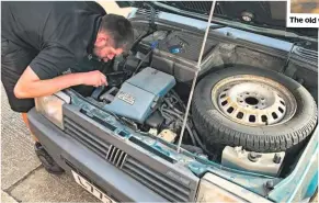  ??  ?? The old water pump, thermostat, cambelt and tensioner. Craig checks on the Panda’s cambelt. Yes – it really is that easy to get at on these cars.