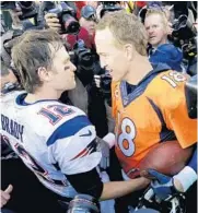  ?? DAVID ZALUBOWSKI/ASSOCIATED PRESS ?? Sunday’s win moved Broncos QB Peyton Manning, right, to 3-1 in AFC title games against Patriots QB Tom Brady.
