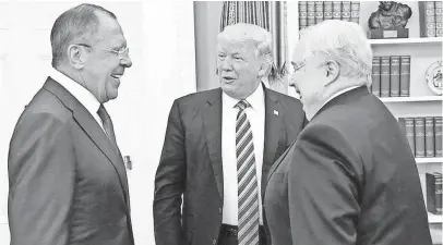  ?? AP ?? Russian Foreign Minister Sergey Lavrov, left, and Ambassador Sergey Kislyak meet with President Trump at the White House, where the administra­tion said the leaders discussed global hot spots such as Syria.