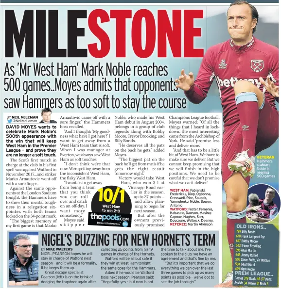  ??  ?? West Ham to win 2-0
VETERAN Hammers stalwart Noble is nearing 500 games