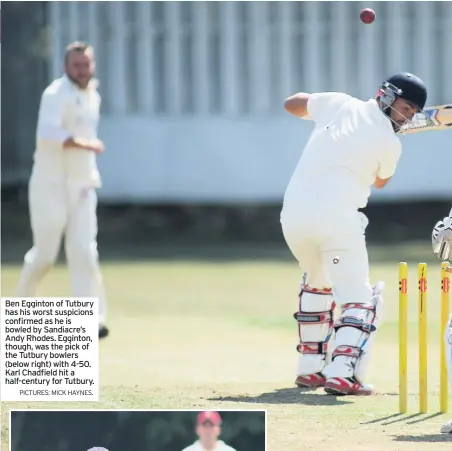 ?? PICTURES: MICK HAYNES. ?? Ben Egginton of Tutbury has his worst suspicions confirmed as he is bowled by Sandiacre’s Andy Rhodes. Egginton, though, was the pick of the Tutbury bowlers (below right) with 4-50. Karl Chadfield hit a half-century for Tutbury.