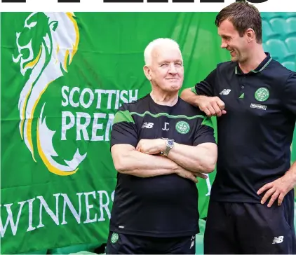  ??  ?? Legend: Deila (right) with Lisbon Lion John Clark, who will raise the Premiershi­p flag at Celtic Park tomorrow
