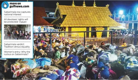  ?? PTI ?? Sabarimala row captures national interestAl­l devotees’ rights will be protected: Vijayan Sabarimala verdict: Tradition versus equalityWo­men’s entry: Why the ruckus on Sabarimala? Devotees arrive at Ayyappa Temple in Sabarimala yesterday. For the second day since the temple opened for prayers, violent protesters continued to block women from entering there, with Hindu activists forcing a strike to protest police action on Wednesday,