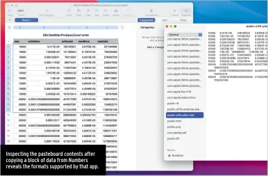  ??  ?? Inspecting the pasteboard contents after copying a block of data from Numbers reveals the formats supported by that app.