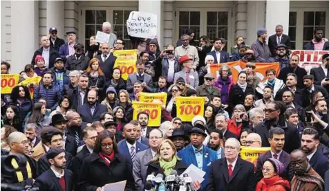  ?? AP ?? Interfaith rally against Trump New York City Council Speaker Melissa Mark-Viverito (centre) speaks during an interfaith rally at New York’s City Hall held in protest against Republican presidenti­al candidate Donald Trump’s call to block Muslims from...