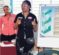  ??  ?? Senior communicat­ions specialist Sashelle Gooden (left) and communicat­ions specialist Sandrea Dennis Plummer of the Jamaica Productivi­ty Centre (JPC) share productivi­ty-related tools with science students of the College of Agricultur­e, Science and...