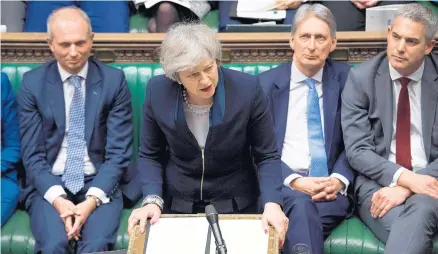  ?? JESSICA TAYLOR/U.K. PARLIAMENT ?? British Prime Minister Theresa May makes a statement after lawmakers rejected the government’s Brexit deal Tuesday.
