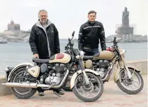  ?? Picture: SUPPLIED ?? LONG-HAUL EXPEDITION: ‘Voetspore’ producer and team leader Johan Badenhorst, left, and his son Streicher, who joined the team on a Royal Enfield Classic for 12 500km around India. This picture was taken at Kanyakumar­i during the three-month trip