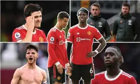  ?? Declan Rice. Photograph: Getty Images/Action Images/Reuters/Shuttersto­ck ?? (Clockwise from top left): Harry Maguire; Cristiano Ronaldo with Paul Pogba; United coaches Kieran McKenna and Michael Carrick, Aaron Wan-Bissaka and West Ham’s captain
