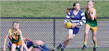  ??  ?? Right: Neerim District’s Charlotte Osler breaks away from the pack and looks for a passing option during the under 14 match against Garfield.