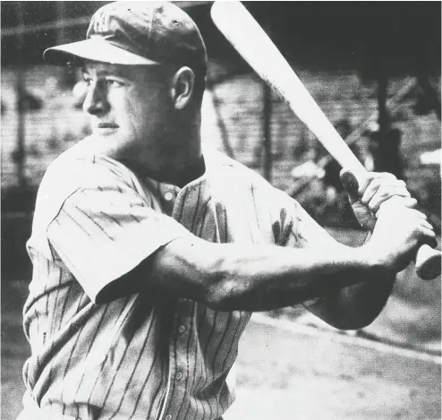  ?? THE ASOCIATED PRESS FILES ?? New York Yankees first baseman Lou Gehrig hit four home runs in a game against the Philadelph­ia Athletics on June 3, 1932, and was a member of the Murderers’ Row hitting machine.